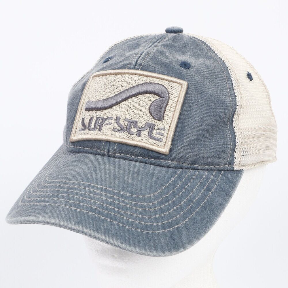 Surf Style Embroidered Logo Patch Mesh Snapback Trucker Hat Blue Denim White